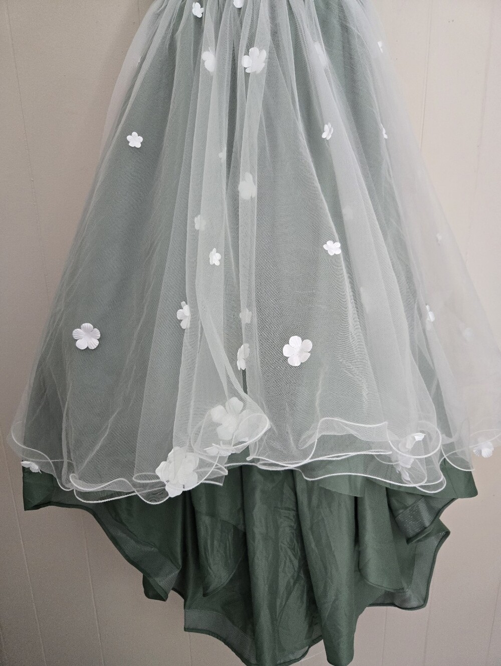 Azazie Celia Flowergirl Dress Eucalyptus Green White Lace 3D Flowers Train 14 - Picture 6 of 16